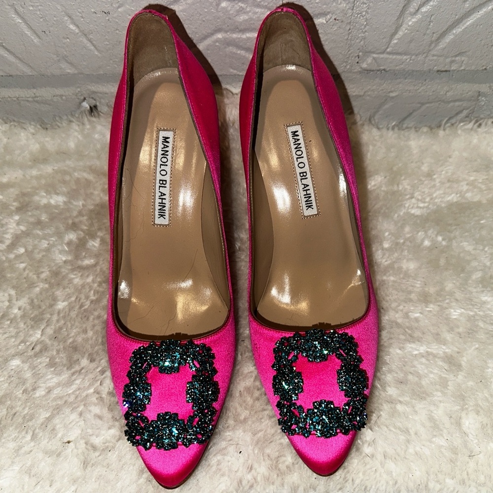 Manolo Blahnik Hangisi 105mm Embellished Pink Satin Pump Size 37 - Picture 10 of 12